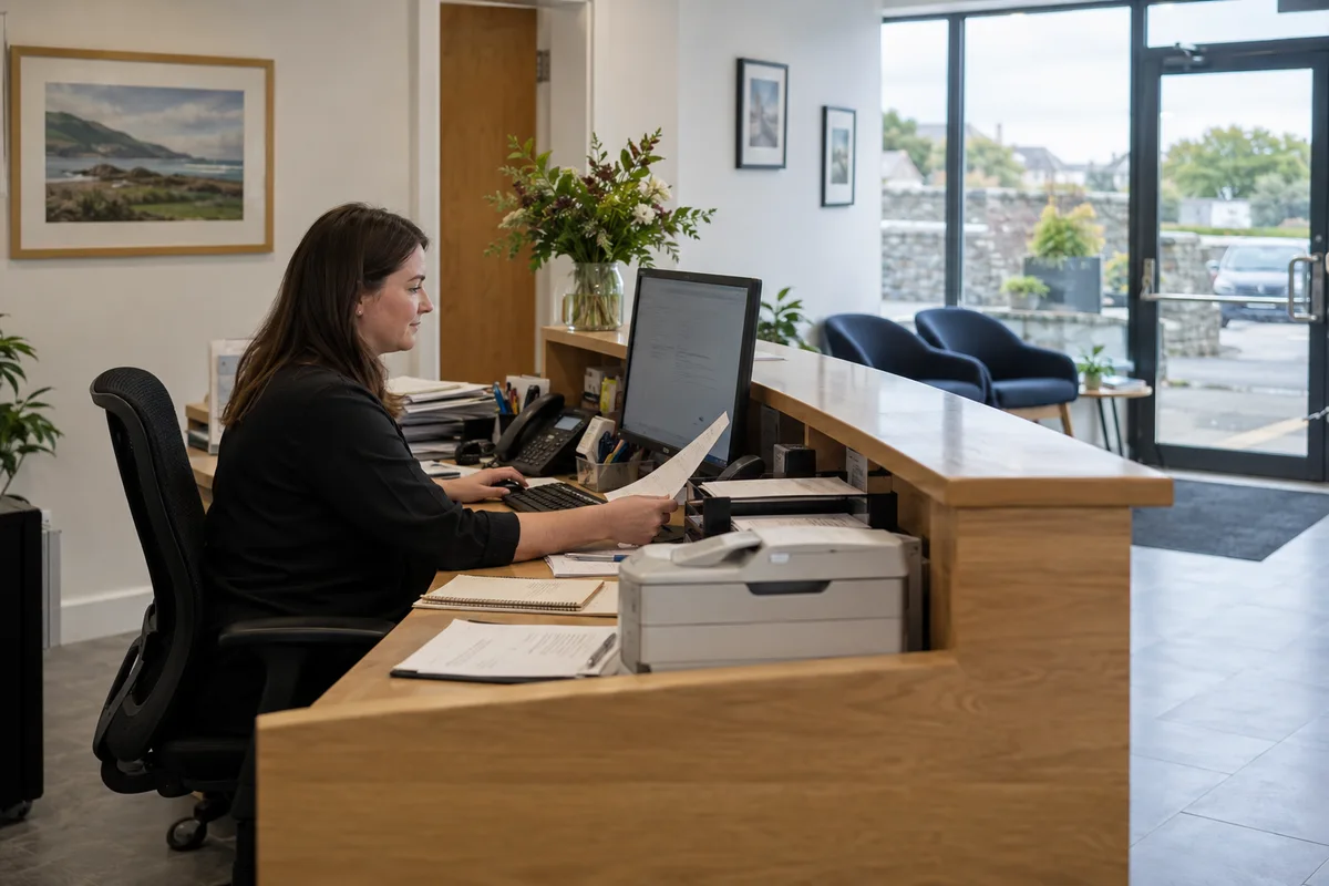 Illustrative small-business reception workstation with a staff member reviewing a document.