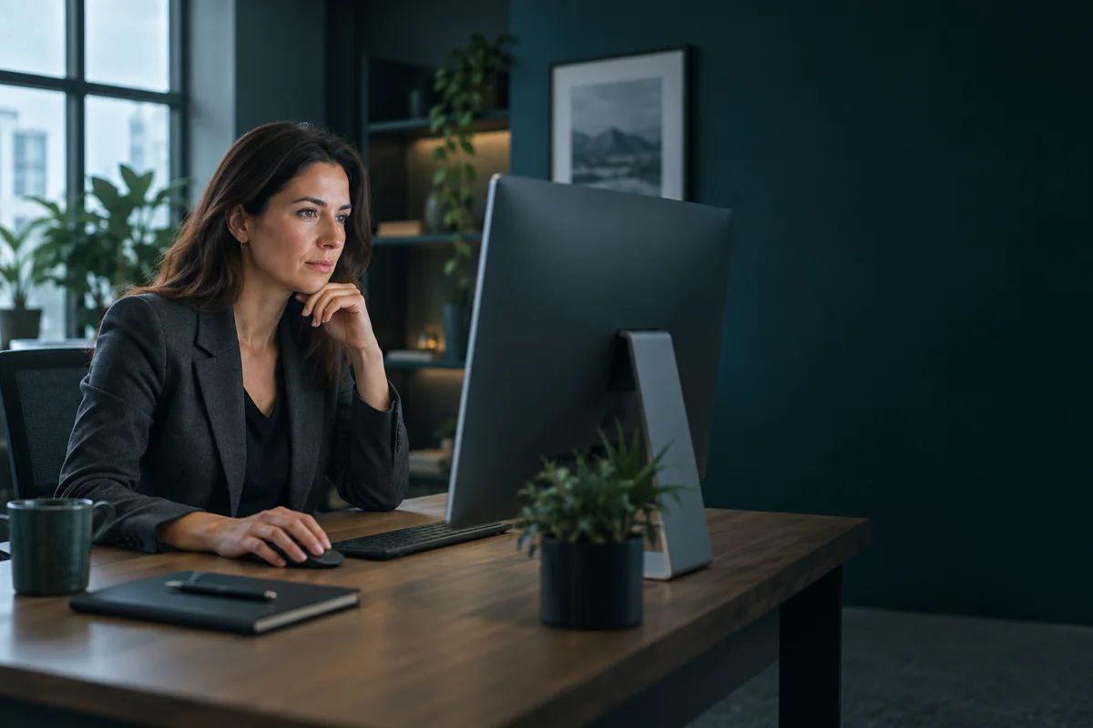 A business professional reviewing work at a contemporary workstation. An illustrative teal AI node cluster receives document and message symbols and returns an organised document towards the person for review.