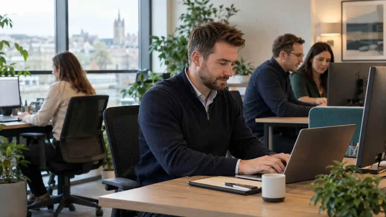 A small team working and collaborating at several workstations in a bright contemporary professional office.