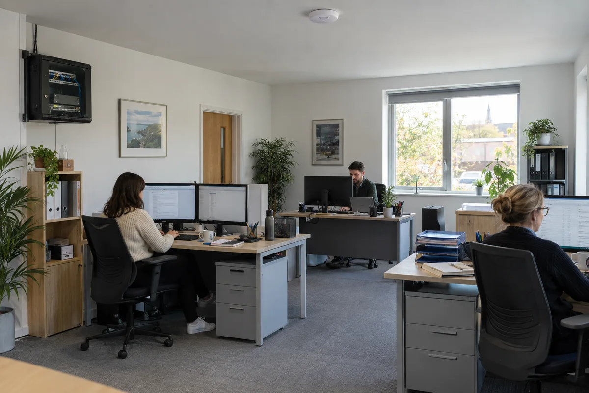 Illustrative small-business workplace with people at workstations, a ceiling Wi-Fi access point and network equipment.
