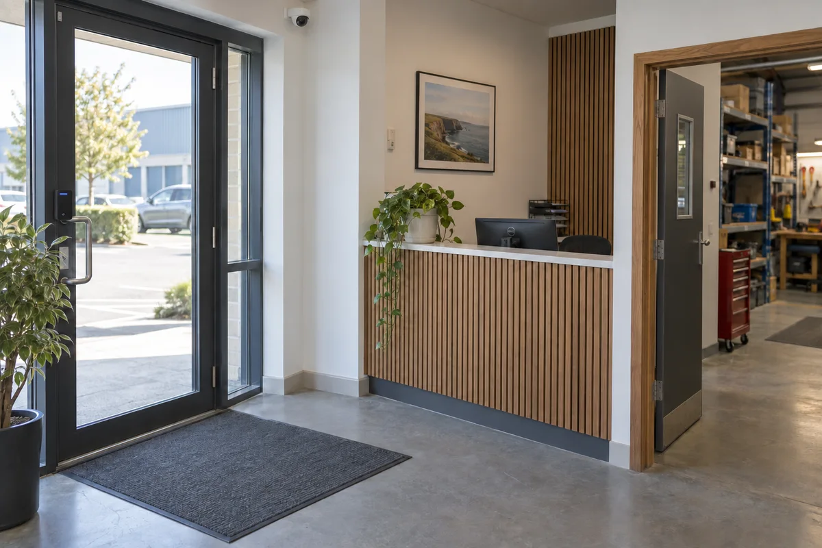 Illustrative small-business entrance with a security camera and an access reader beside the door.