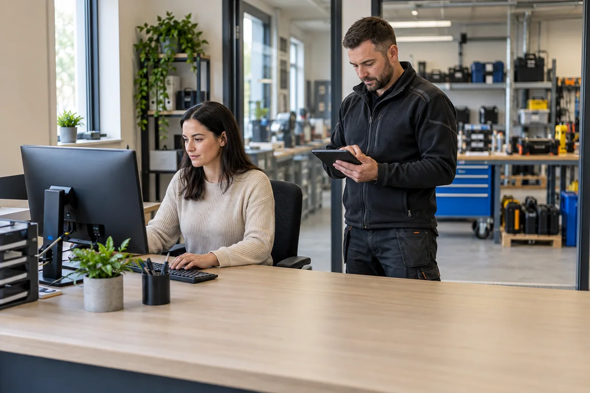 Illustrative office coordinator at a computer and a colleague reviewing a tablet beside a workshop.