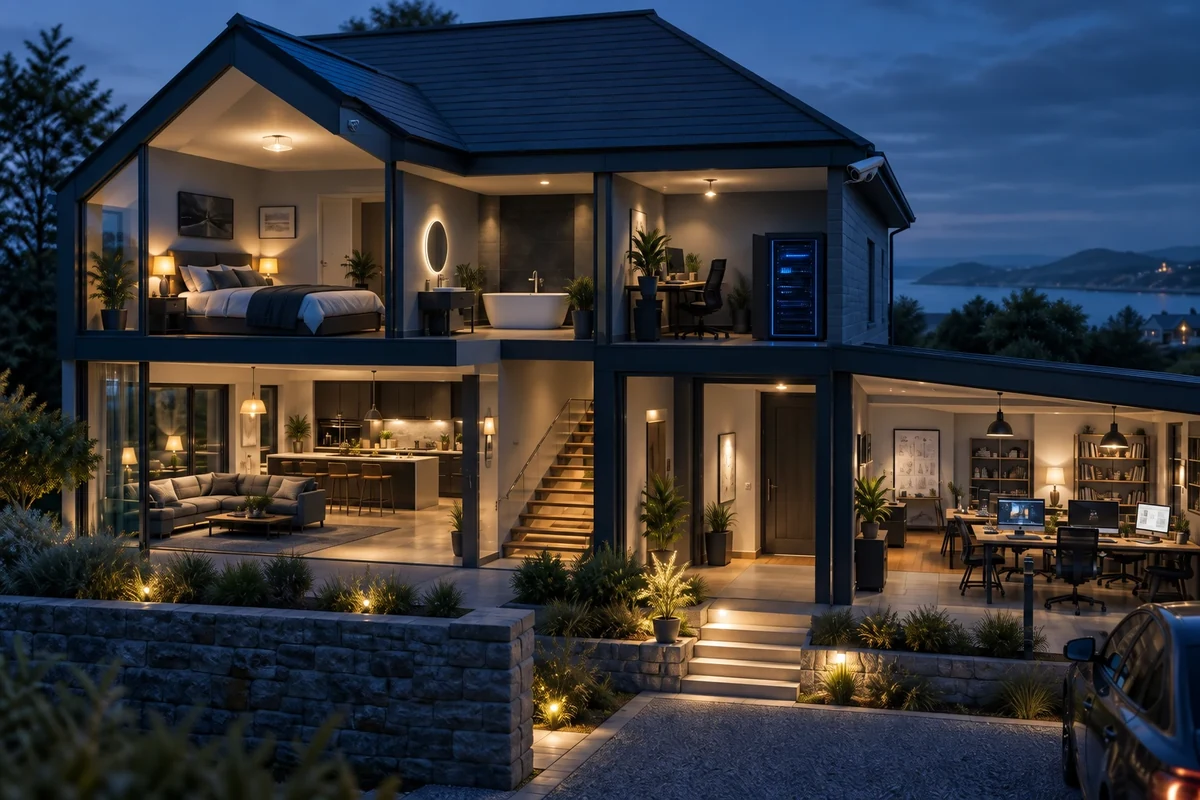 A contemporary home and small business connected through smart systems, networks and automation