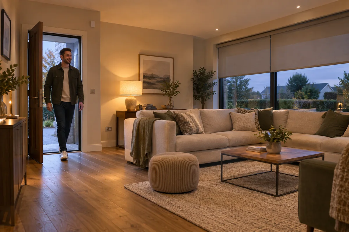 Illustrative living room with a person entering, illuminated room lighting, roller blinds and a discreet wall-mounted sensor.