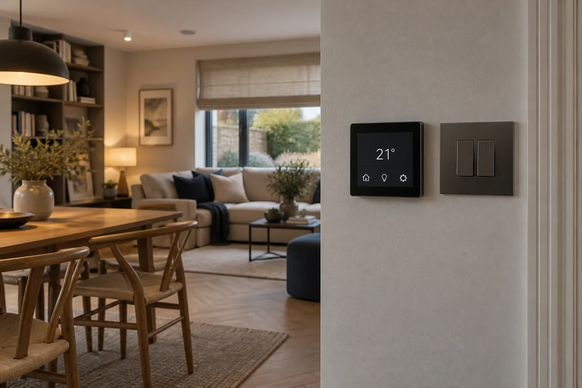 Illustrative wall-mounted home touchscreen beside a modern switch, with lighting and blinds in a lived-in room.