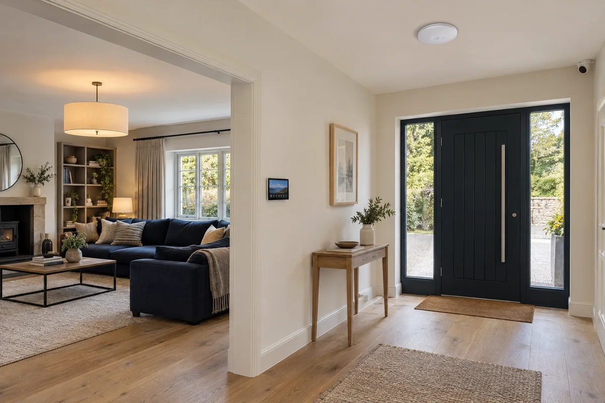 Illustrative contemporary European home with lighting, a wall control panel, ceiling Wi-Fi access point and entrance camera.
