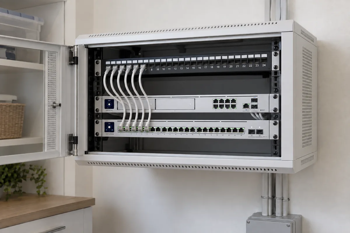 Illustrative utility-room network cabinet with visible gateway and switch equipment, neatly arranged patch cables and ventilation.
