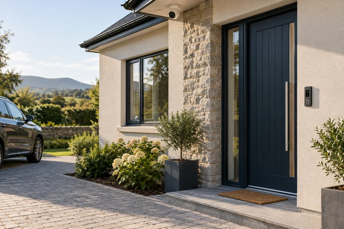 Illustrative home entrance with a security camera mounted above the doorway and an access reader at a reachable height.
