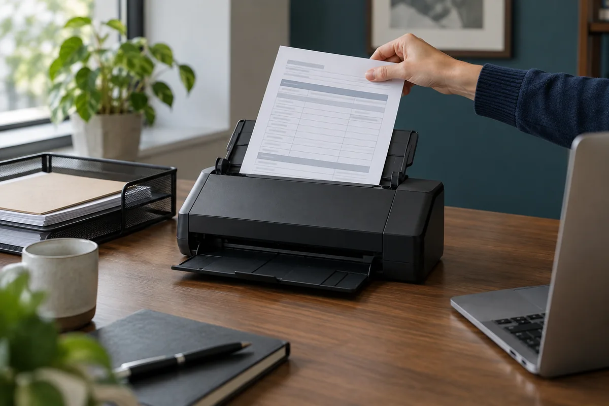A document being placed into a compact desktop scanner beside a laptop.