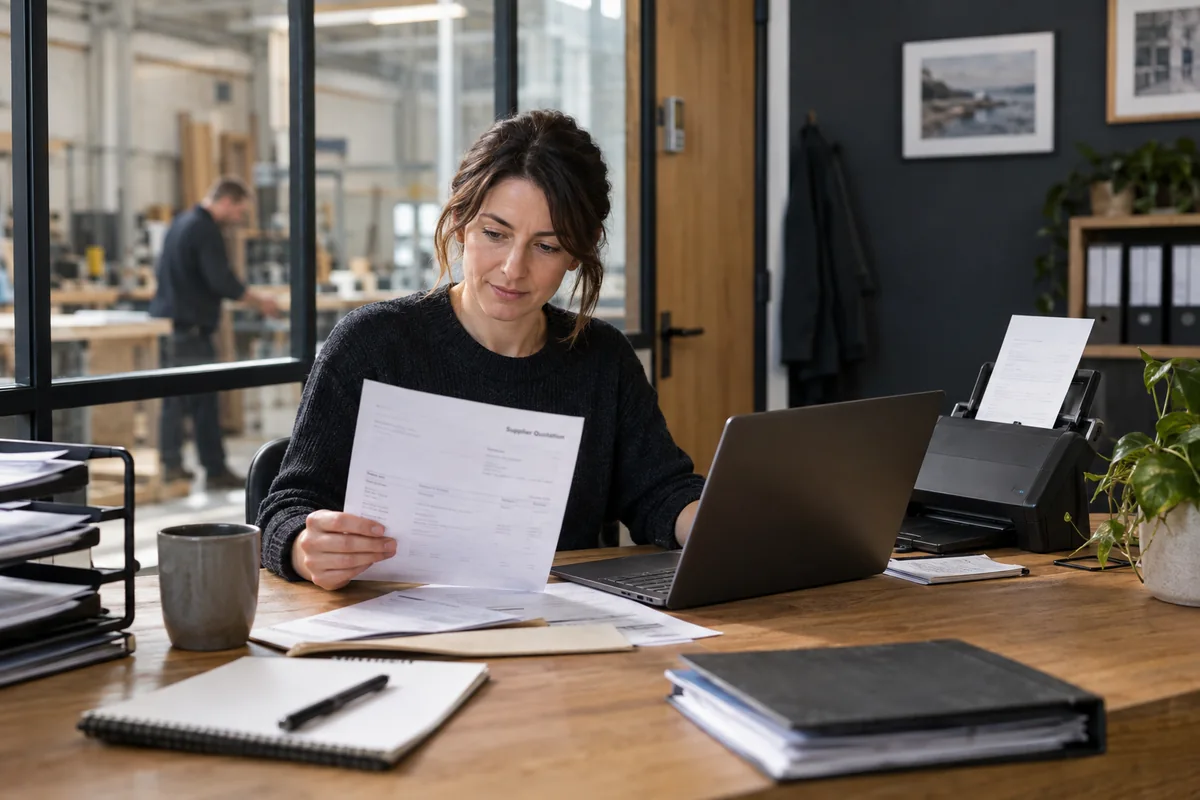 A business coordinator comparing paperwork with information on a laptop.