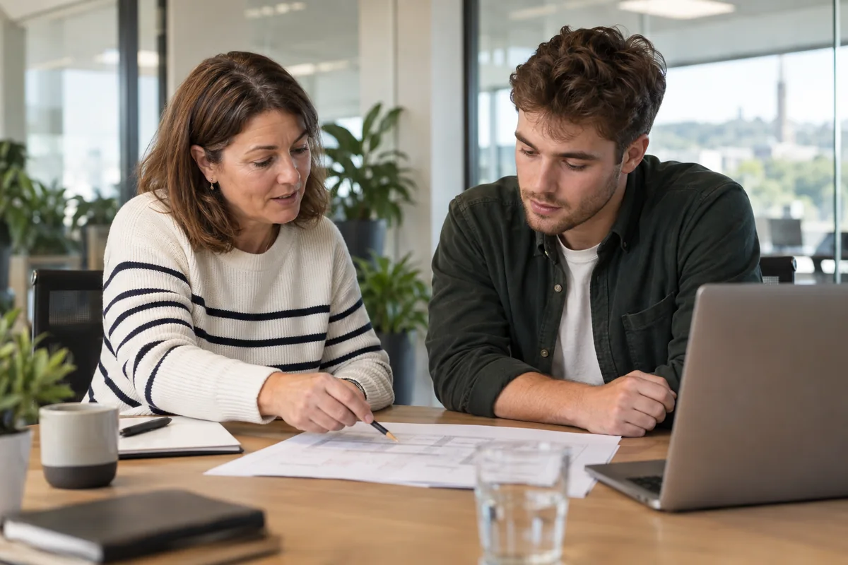 Two colleagues reviewing a document together at an office desk.