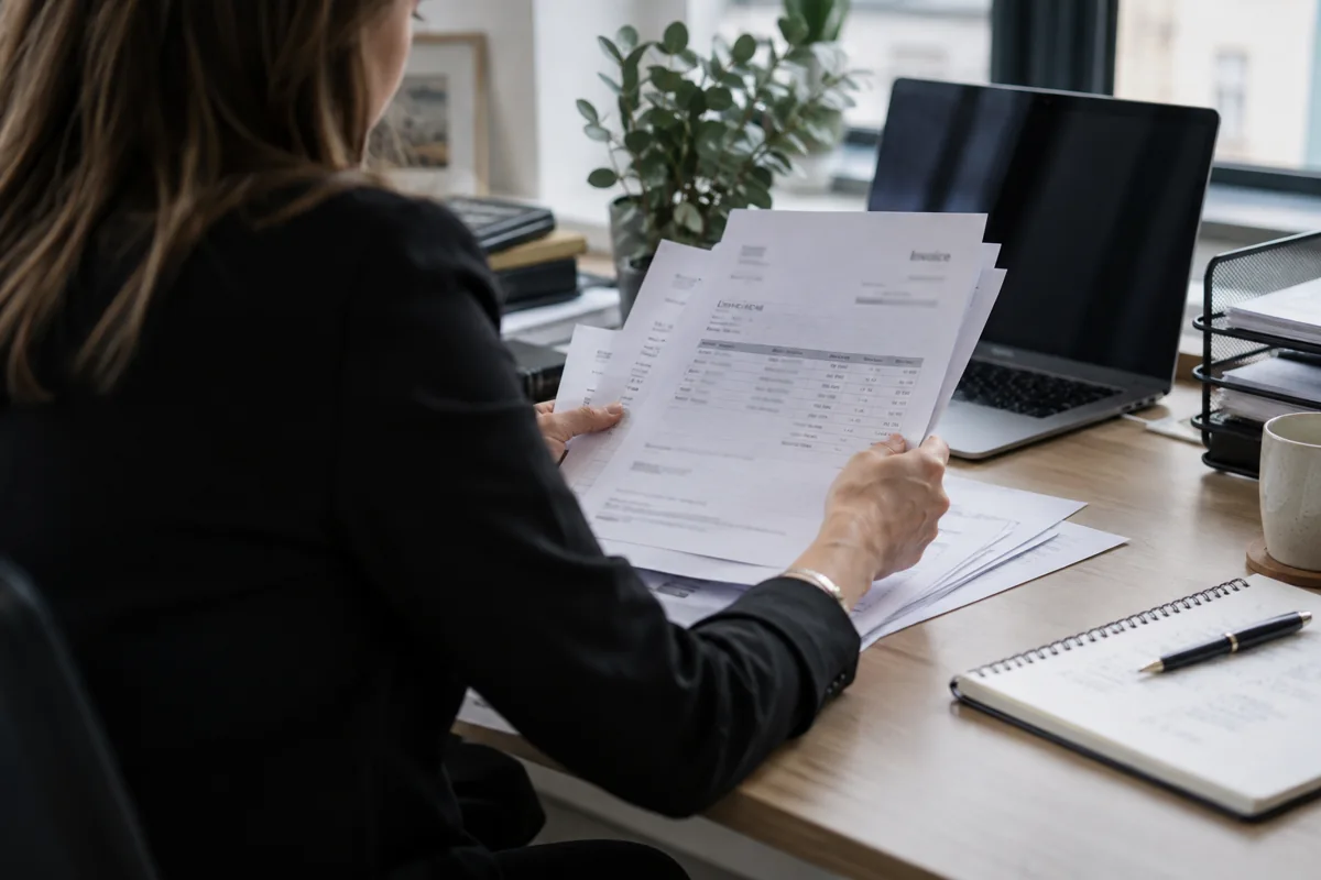 An office worker sorting paper documents beside a laptop.