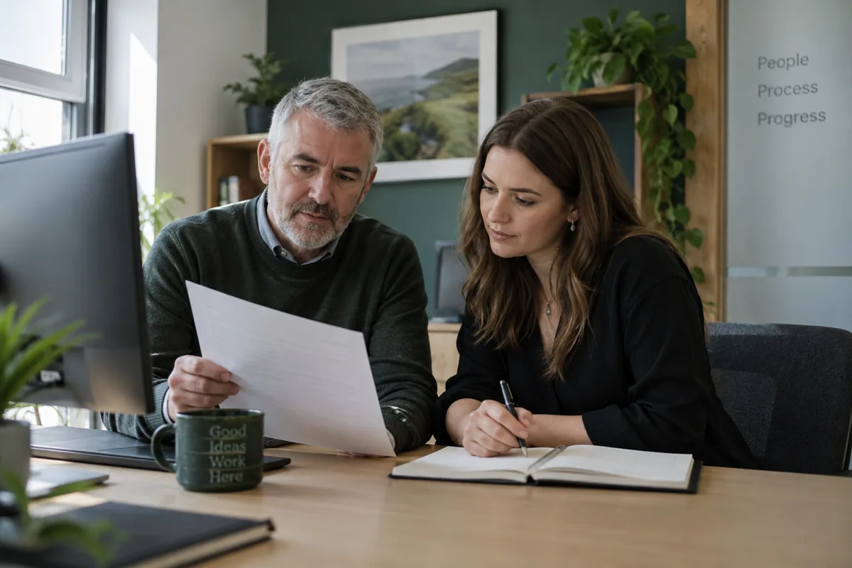 Two colleagues reviewing a document together beside a monitor.