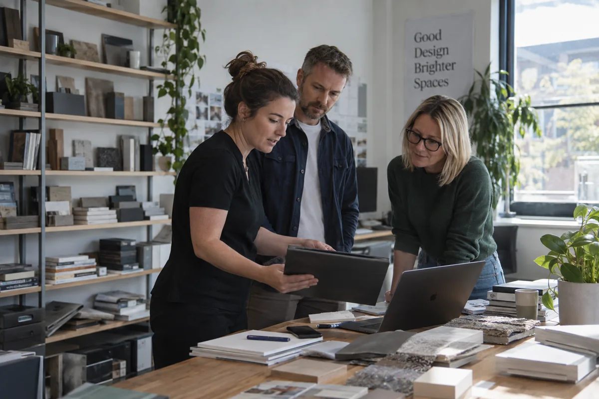 Three colleagues discussing work beside a desk in a small professional office.