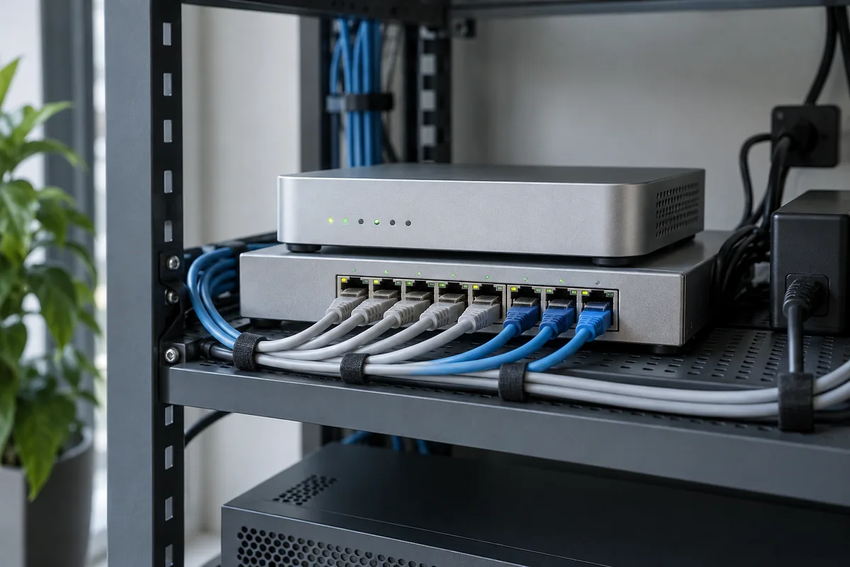 A network gateway and switch with neatly connected Ethernet cables in a communications cupboard.