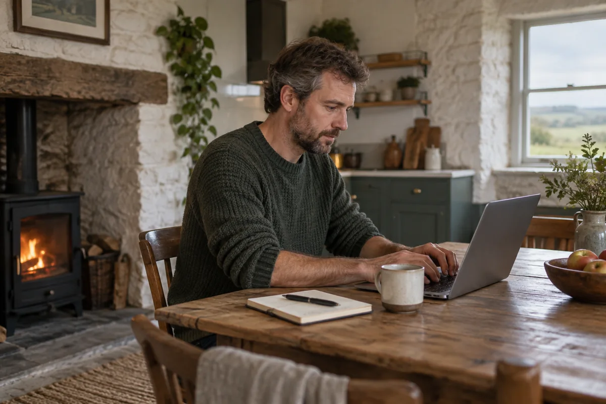 A man working on a laptop at a kitchen table beside a wood-burning stove.