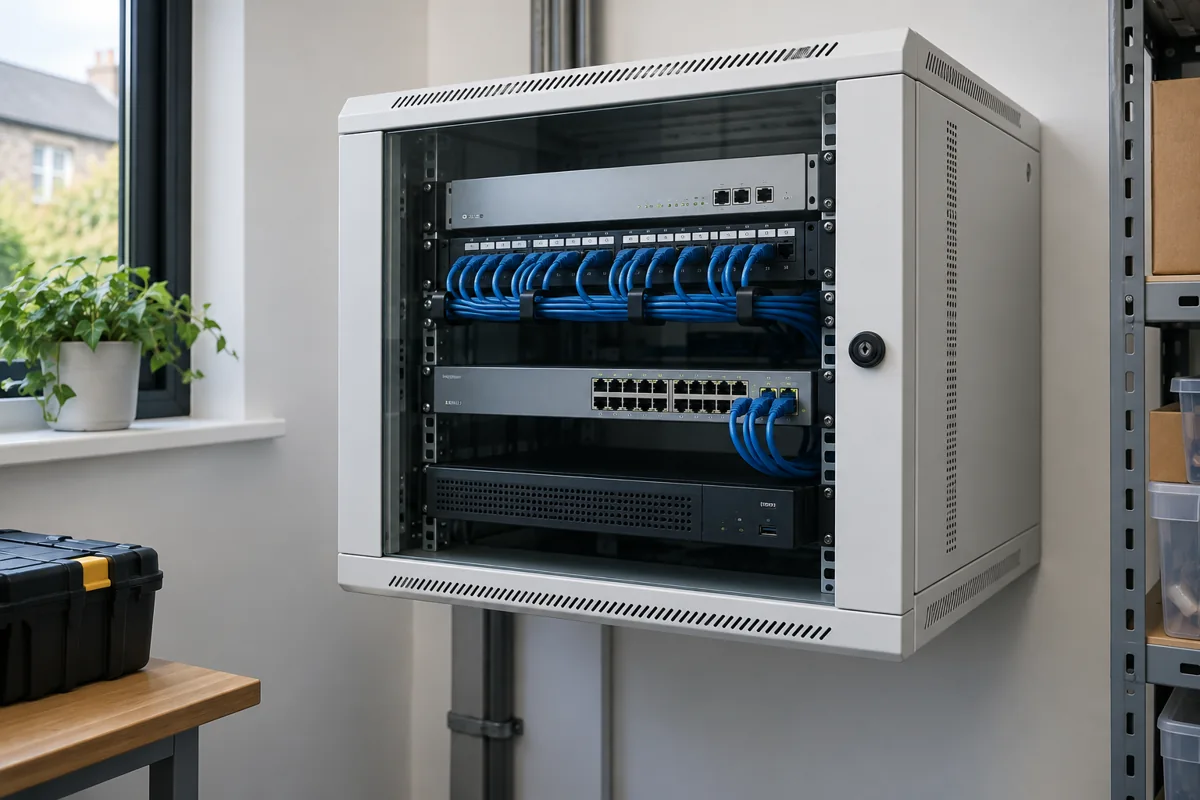 A white ventilated network cabinet with silver equipment and neatly arranged blue patch cables.