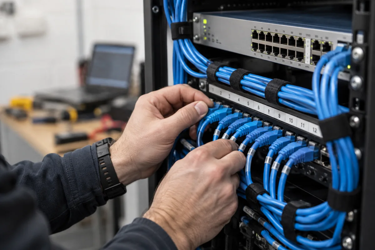 A technician checking an Ethernet connection in a neatly patched network rack.
