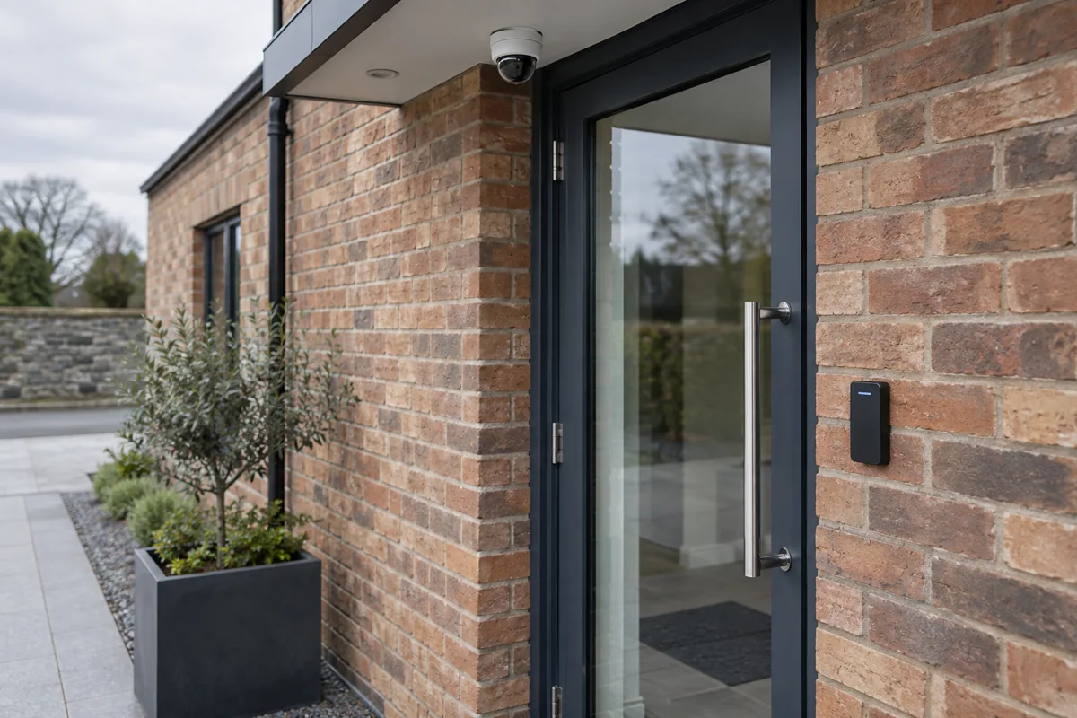 A glazed business entrance with a wall-mounted access reader and security camera above.