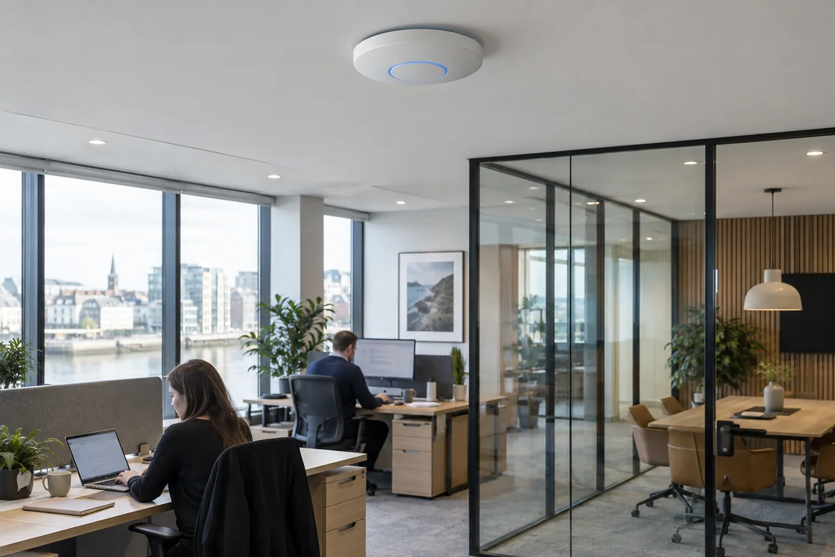 Ceiling-mounted wireless access point above a modern office.