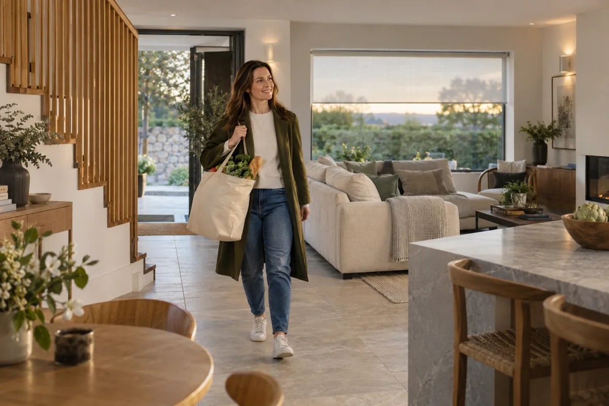 A woman arriving with a grocery bag in a warm contemporary home with window blinds.