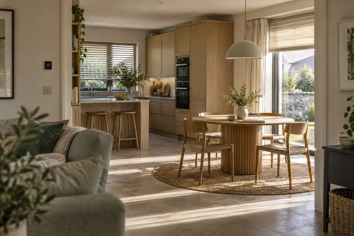 A sunlit kitchen and breakfast nook with window blinds and a discreet wall thermostat.