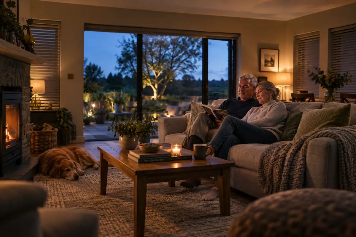 A couple reading in a softly lit living room at blue hour.