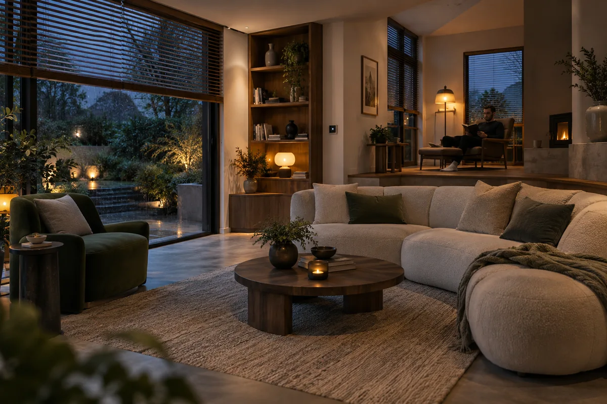 An evening living room with warm lamps, large windows and window blinds.