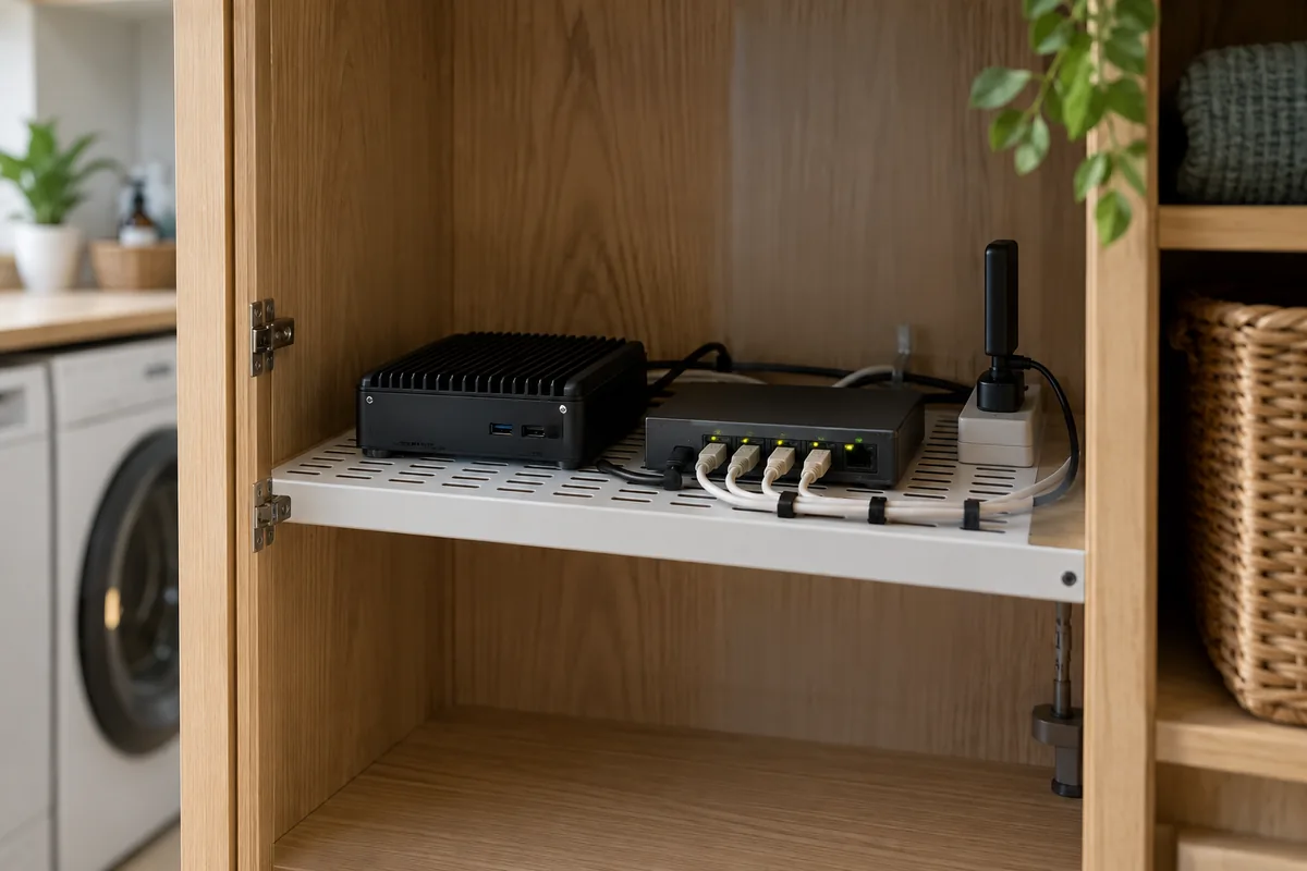 A compact home controller and network switch on a ventilated shelf with neatly routed cables.