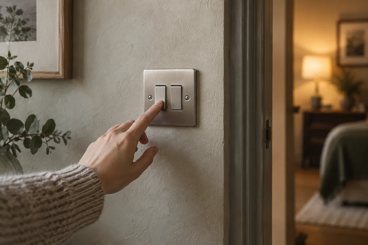 A hand operating a physical wall switch beside an oak doorway.
