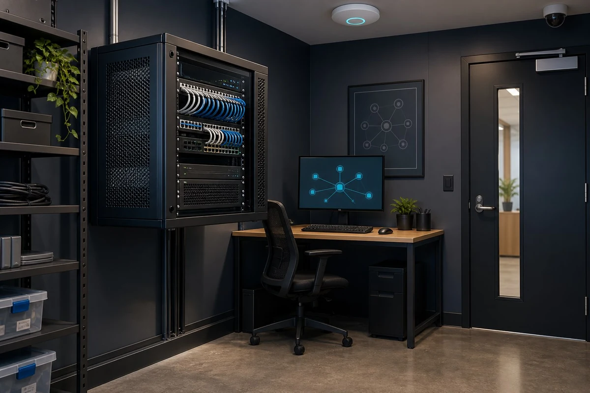 Organised communications rack, network configuration workstation, ceiling Wi-Fi and correctly positioned CCTV in a technical room