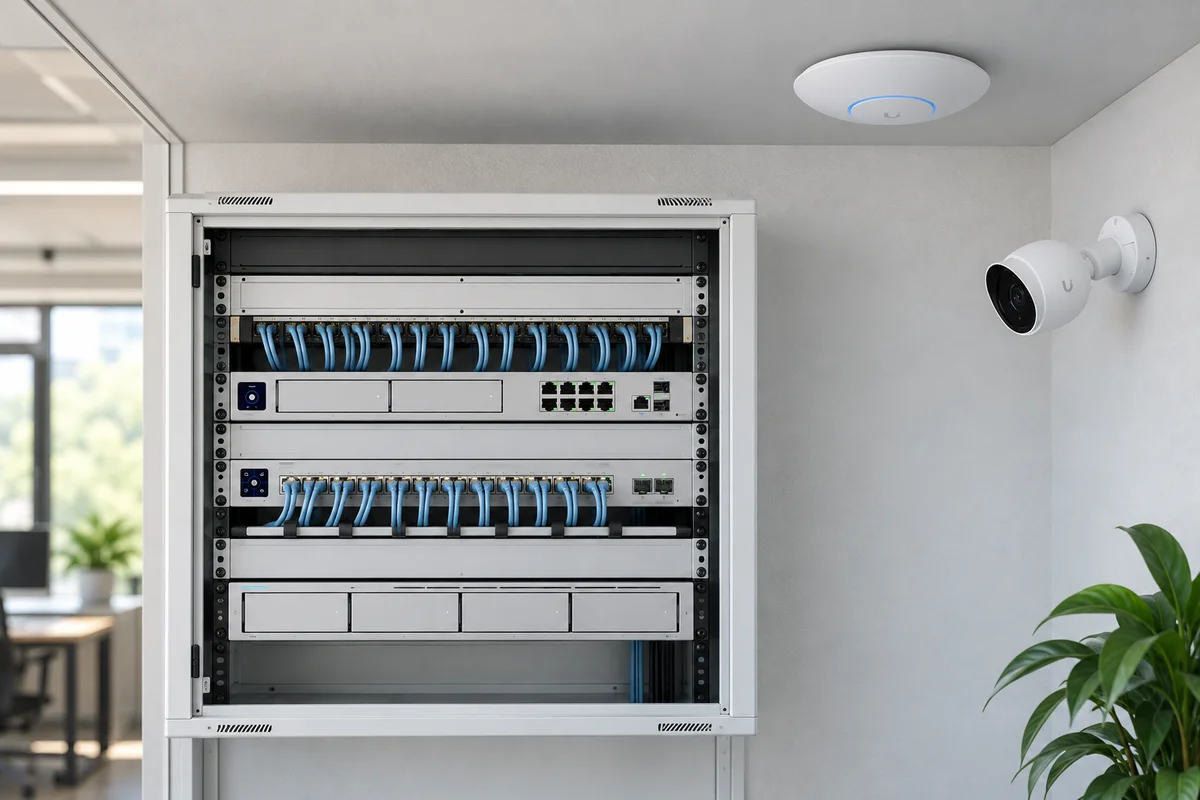 A white network cabinet with silver UniFi gateway, switch and recording equipment, with a ceiling-mounted Wi-Fi access point and security camera in a professional office.