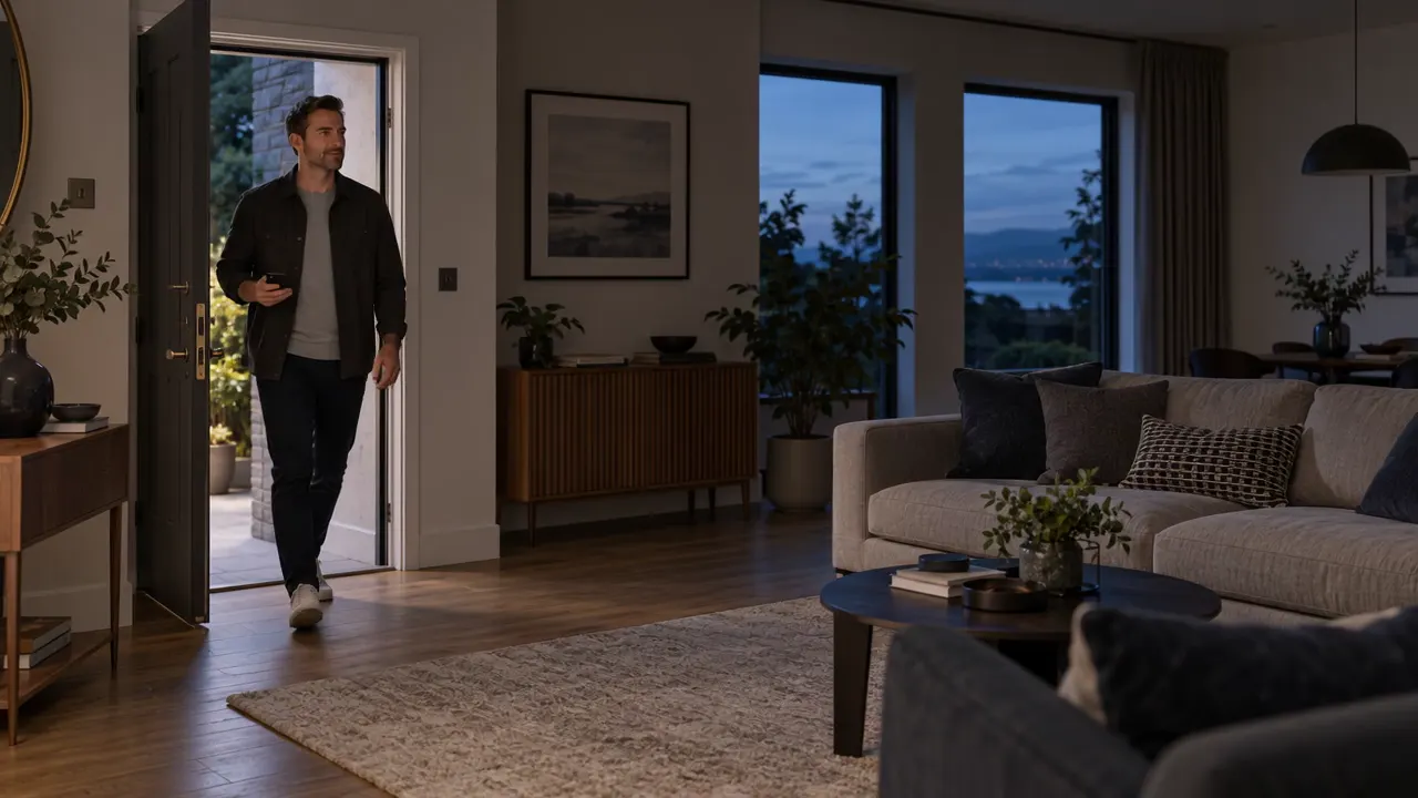 A person entering a living room with their phone in hand.