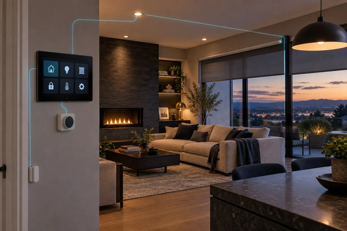 Smart home controls linking lighting, heating, motorised blinds and sensors in a modern home