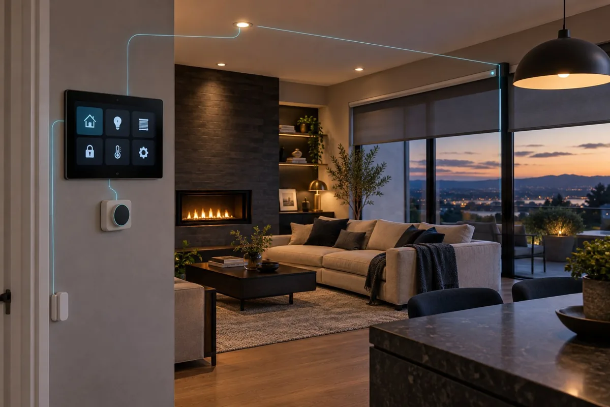 A home with central touch controls, a thermostat, door sensor, coordinated lighting and motorised blinds.