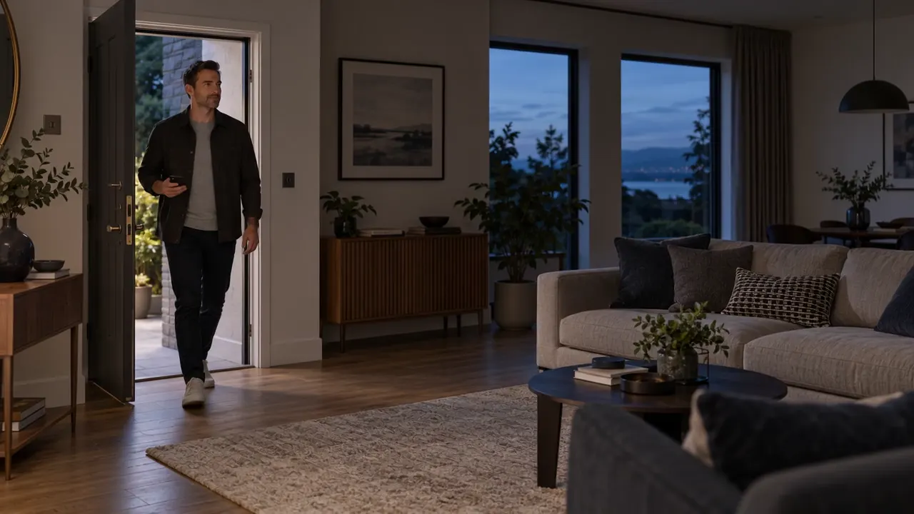 A person entering a living room with their phone in hand.